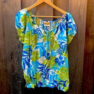 Authentic Hawaiian Made floral top Size XL Tropical Flowy turquoise, green, navy